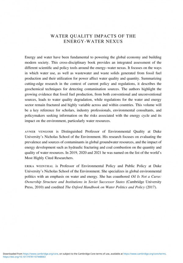 Water Quality Impacts Of The Energywater Nexus 1st Edition Avner Vengosh