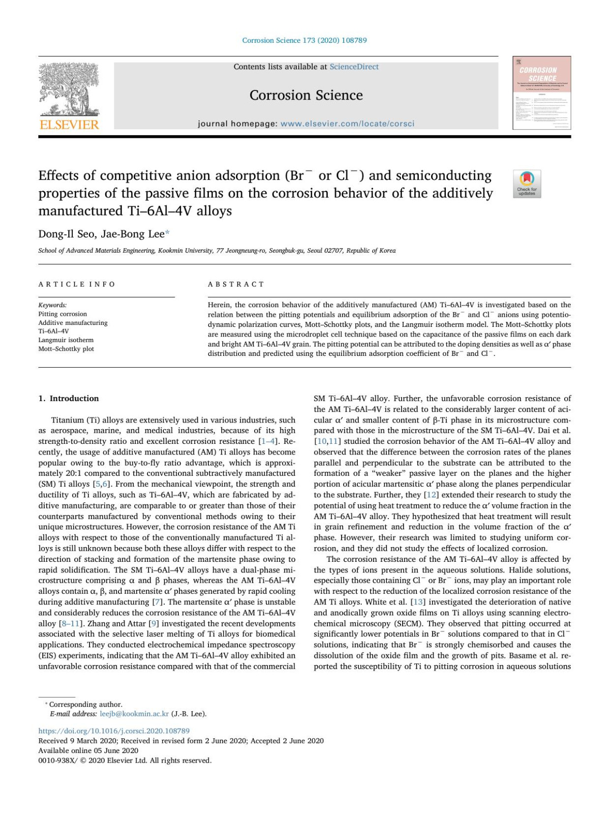 Effects Of Competitive Anion Adsorption Br Or Cl And Semiconducting Properties Of The Passive Films On The Corrosion Behavior Of The Additively Manufactured Ti6al4v Alloys Dongil Seo Jaebong Lee