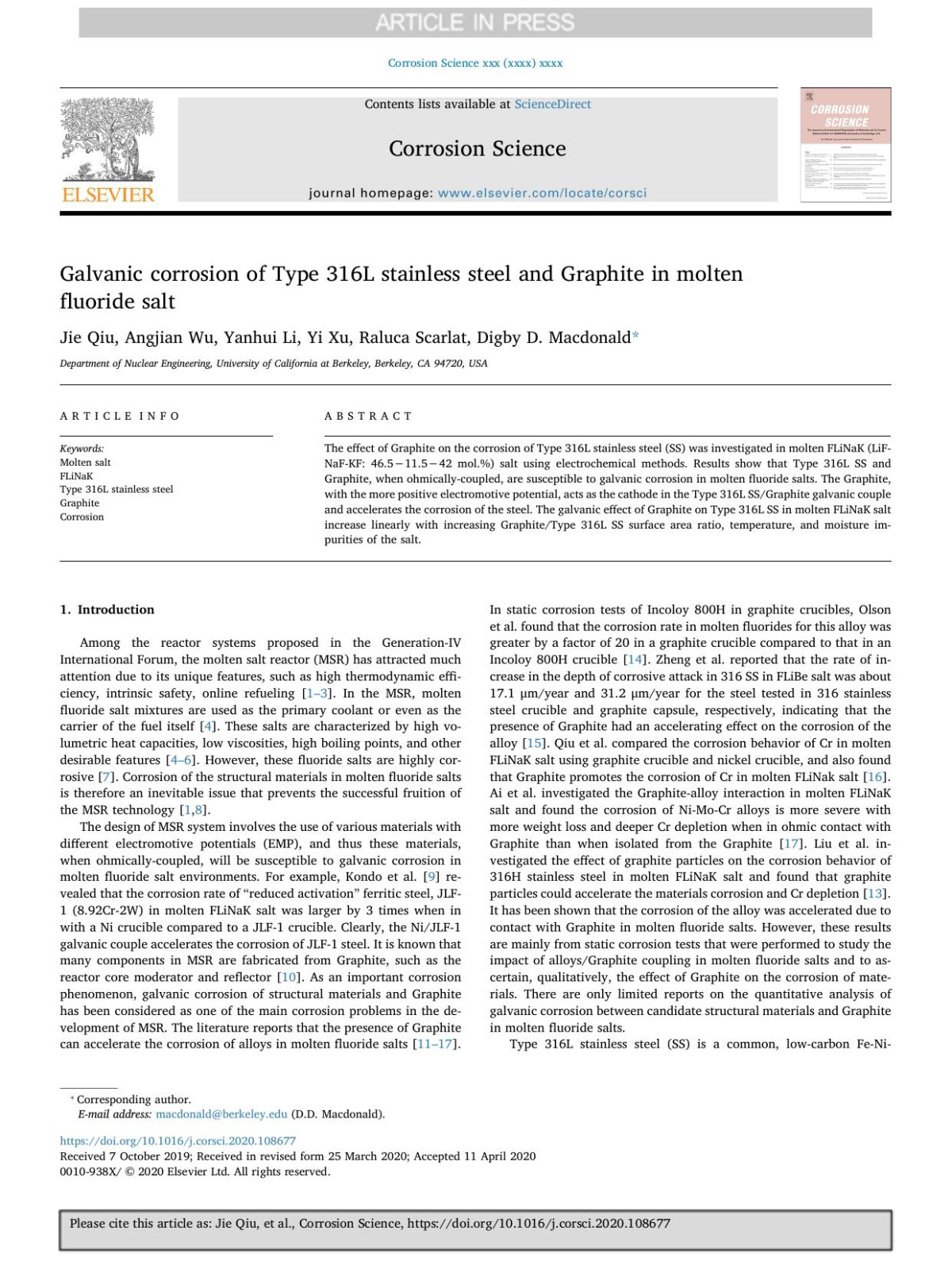 Galvanic Corrosion Of Type 316l Stainless Steel And Graphite In Molten Fluoride Salt Jie Qiu Angjian Wu Yanhui Li Yi Xu Raluca Scarlat Digby D Macdonald