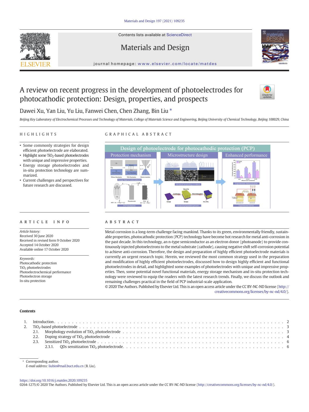 A Review On Recent Progress In The Development Of Photoelectrodes For Photocathodic Protection Design Properties And Prospects Dawei Xu Yan Liu Yu Liu Fanwei Chen Chen Zhang Bin Liu