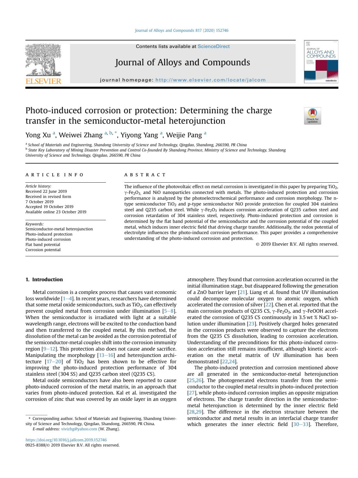 Photoinduced Corrosion Or Protection Determining The Charge Transfer In The Semiconductormetal Heterojunction Yong Xu Weiwei Zhang Yiyong Yang Weijie Pang
