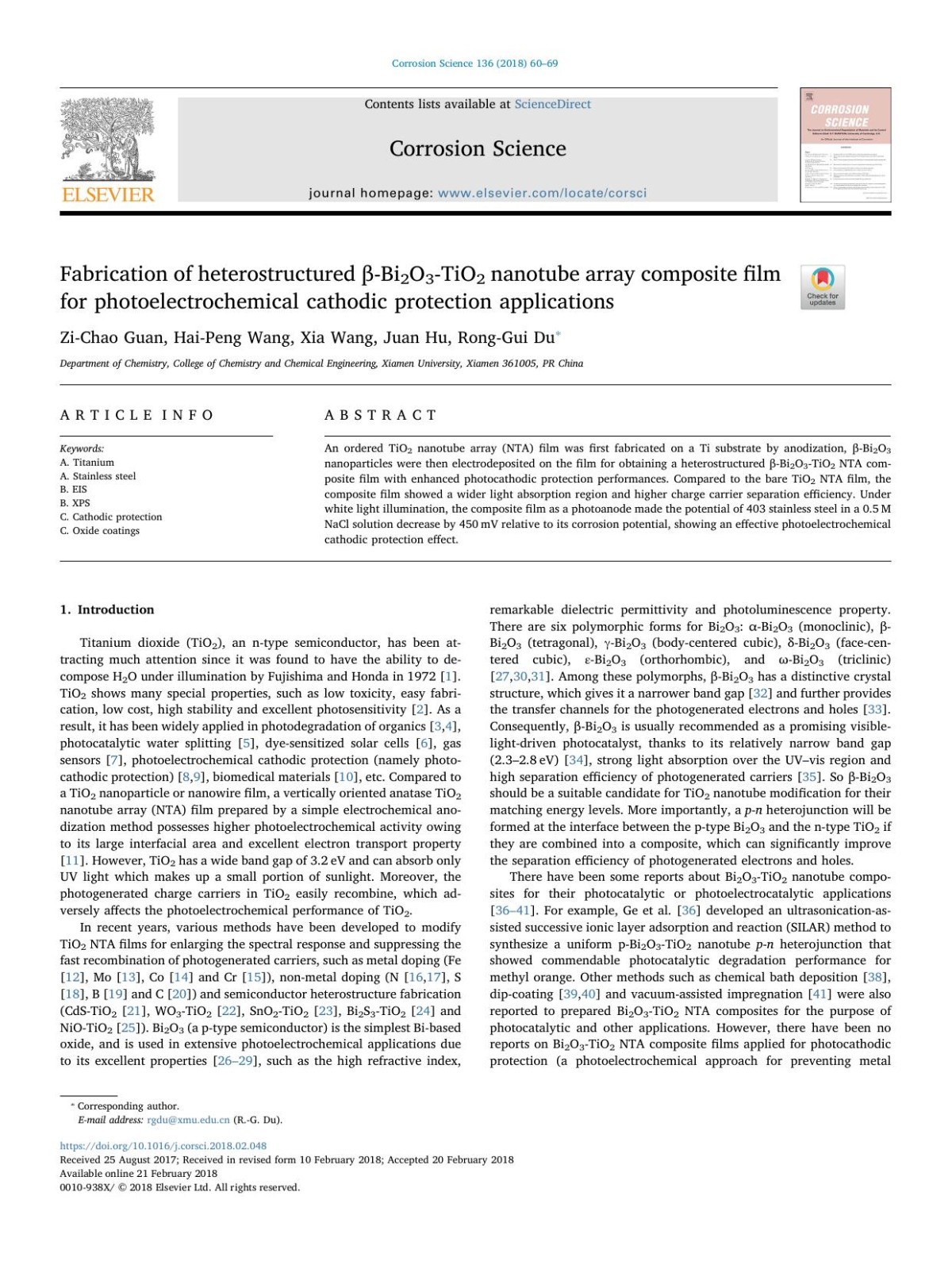 Fabrication Of Heterostructured Bi2o3tio2 Nanotube Array Composite Film For Photoelectrochemical Cathodic Protection Applications Zichao Guan Haipeng Wang Xia Wang Juan Hu Ronggui Du