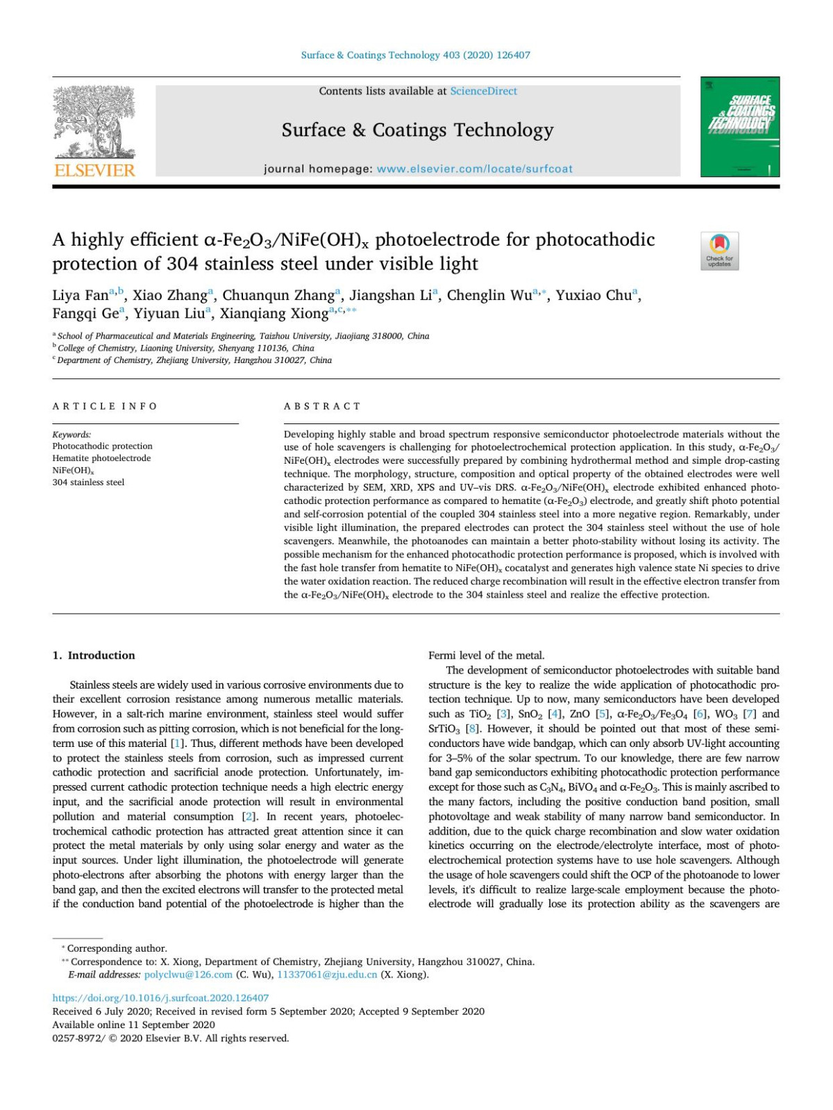 A Highly Efficient Fe2o3nifeohx Photoelectrode For Photocathodic Protection Of 304 Stainless Steel Under Visible Light Liya Fan Xiao Zhang Chuanqun Zhang Jiangshan Li Chenglin Wu Yuxiao Chu Fangqi Ge Yiyuan Liu Xianqiang Xiong