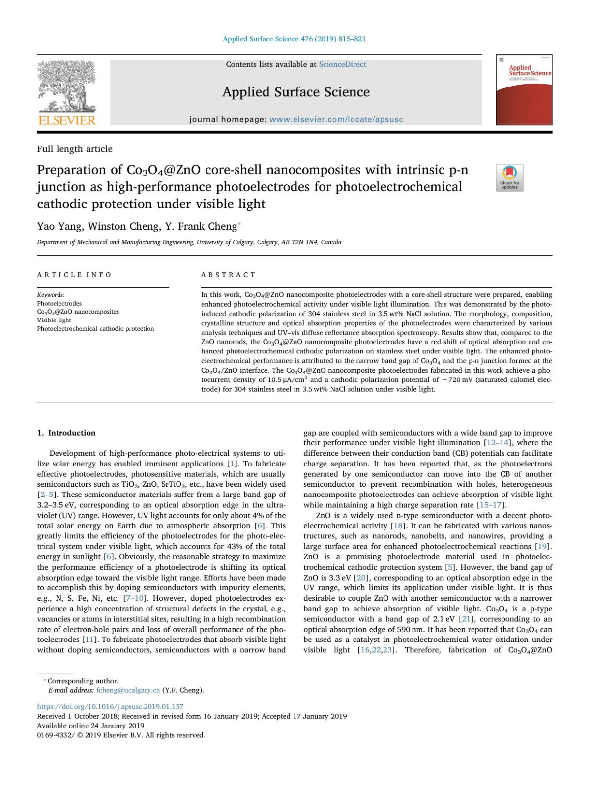 Preparation Of Co3o4zno Coreshell Nanocomposites With Intrinsic Pn Junction As Highperformance Photoelectrodes For Photoelectrochemical Cathodic Protection Under Visible Light Yao Yang Winston Cheng Y Frank Cheng