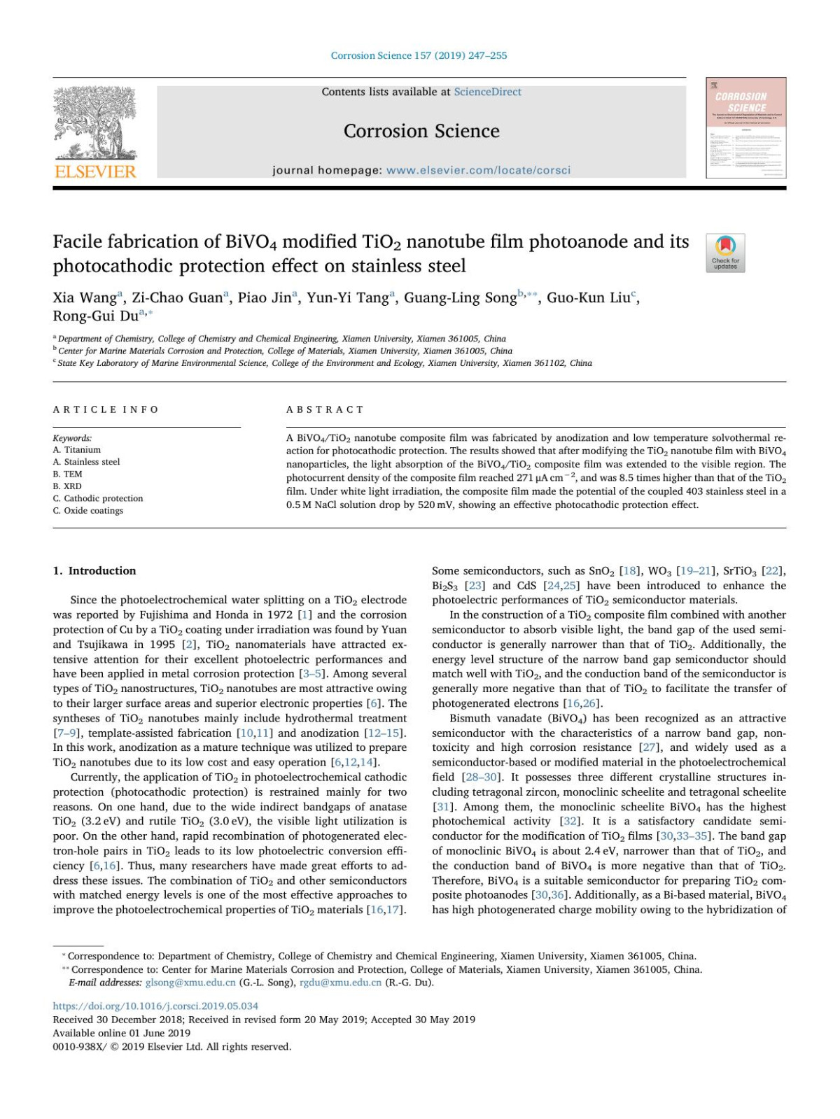 Facile Fabrication Of Bivo4 Modified Tio2 Nanotube Film Photoanode And Its Photocathodic Protection Effect On Stainless Steel Xia Wang Zichao Guan Piao Jin Yunyi Tang Guangling Song Guokun Liu Ronggui Du
