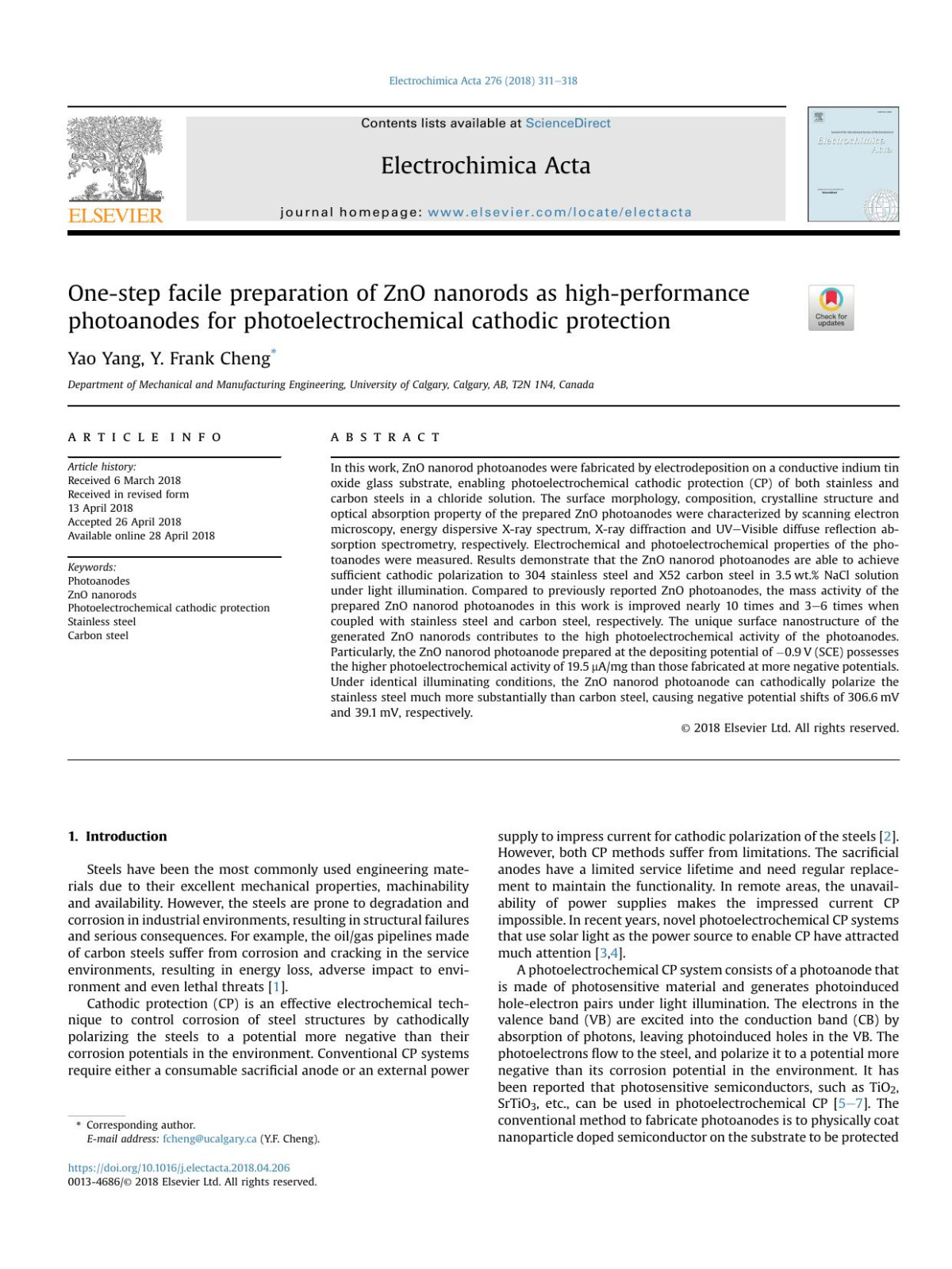Onestep Facile Preparation Of Zno Nanorods As Highperformance Photoanodes For Photoelectrochemical Cathodic Protection Yao Yang Y Frank Cheng