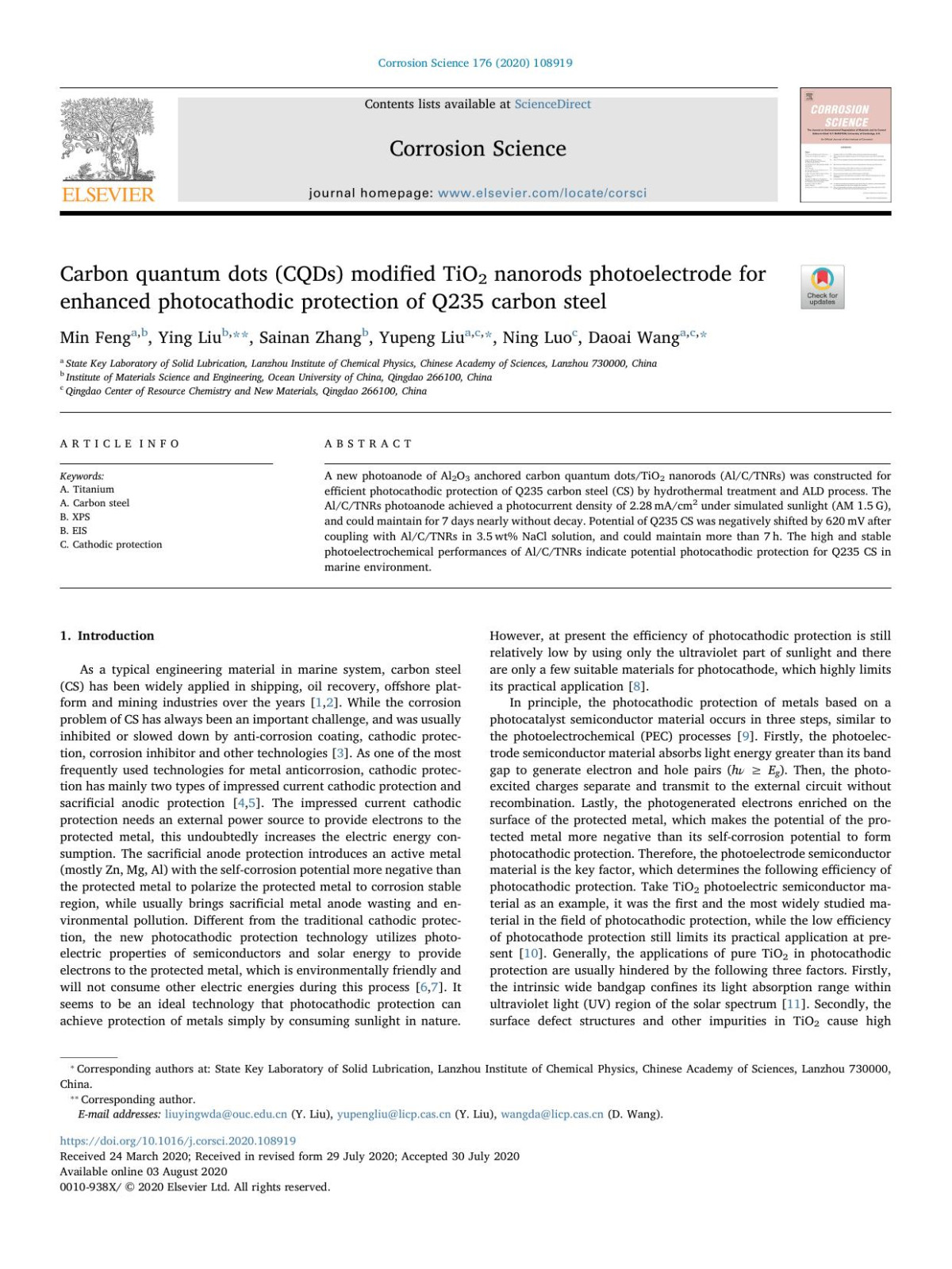 Carbon Quantum Dots Cqds Modified Tio2 Nanorods Photoelectrode For Enhanced Photocathodic Protection Of Q235 Carbon Steel Min Feng Ying Liu Sainan Zhang Yupeng Liu Ning Luo Daoai Wang