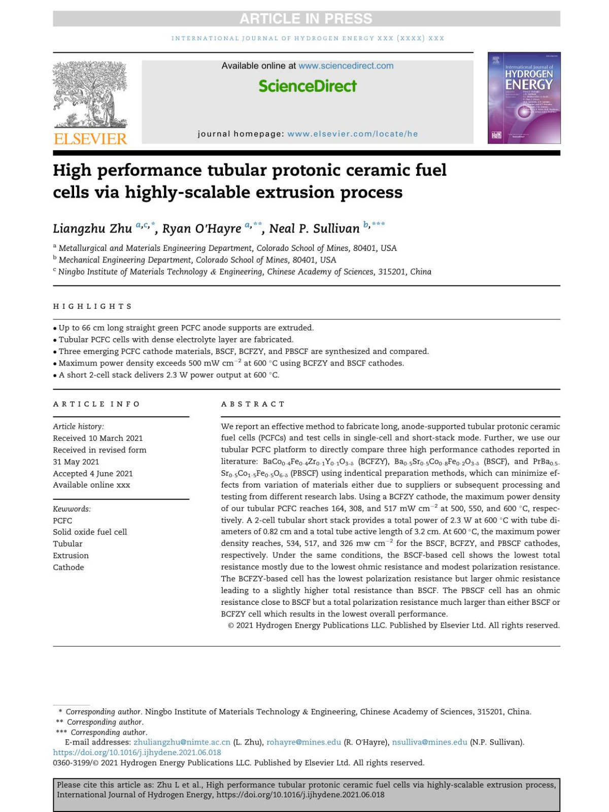 High Performance Tubular Protonic Ceramic Fuel Cells Via Highlyscalable Extrusion Process Liangzhu Zhu Ryan Ohayre Neal P Sullivan