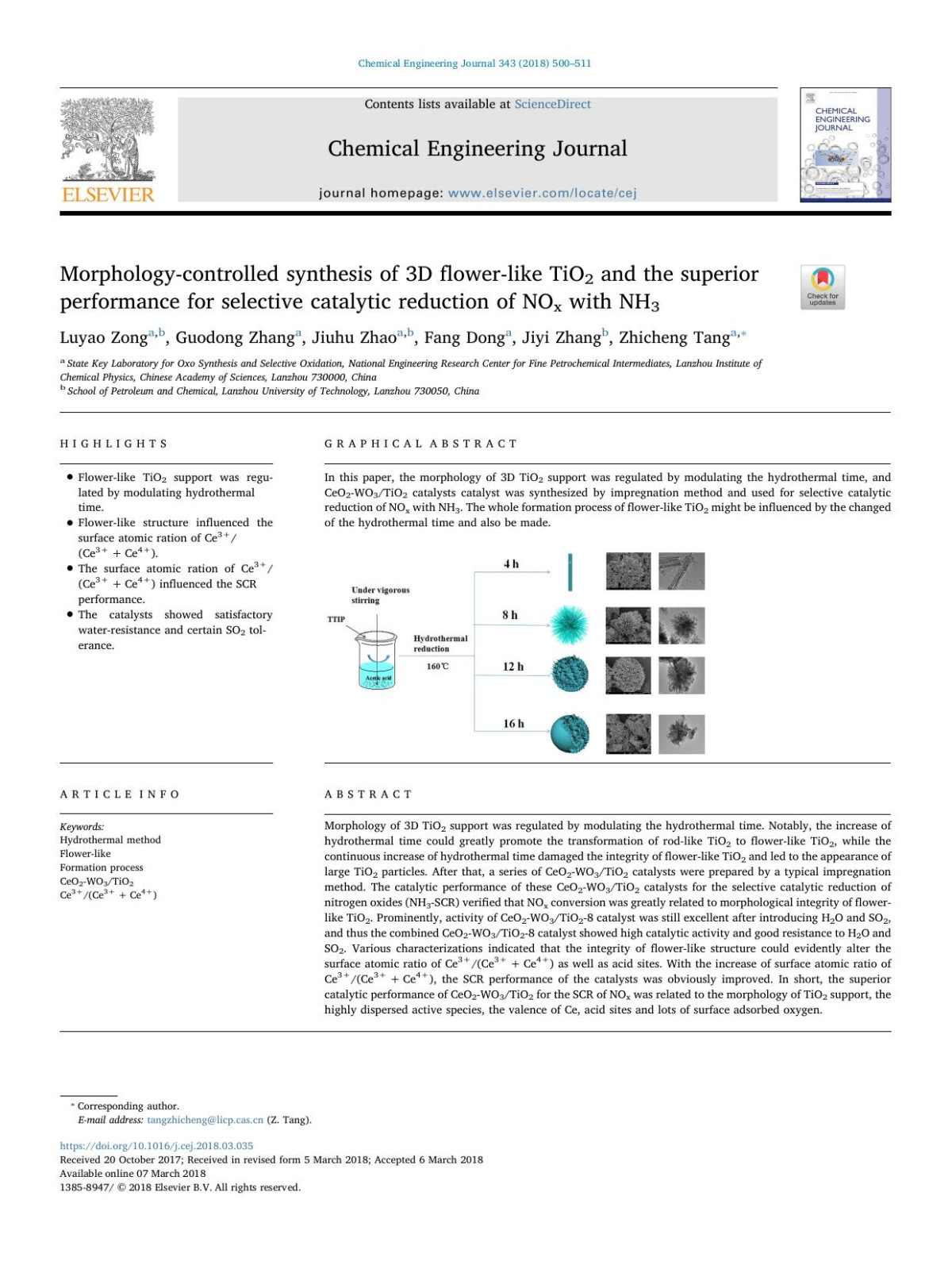 Morphologycontrolled Synthesis Of 3d Flowerlike Tio2 And The Superior Performance For Selective Catalytic Reduction Of Nox With Nh3 Luyao Zong Guodong Zhang Jiuhu Zhao Fang Dong Jiyi Zhang Zhicheng Tang