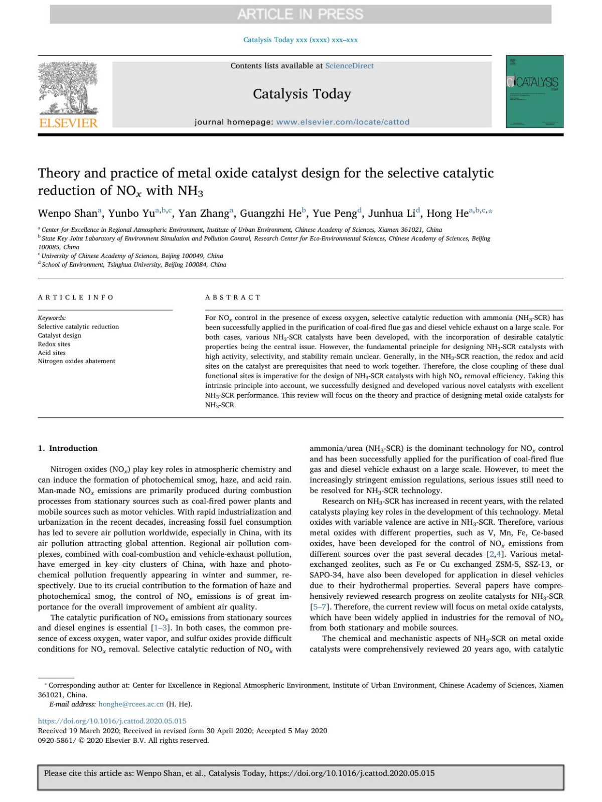 Theory And Practice Of Metal Oxide Catalyst Design For The Selective Catalytic Reduction Of Nox With Nh3 Wenpo Shan Yunbo Yu Yan Zhang Guangzhi He Yue Peng Junhua Li Hong He