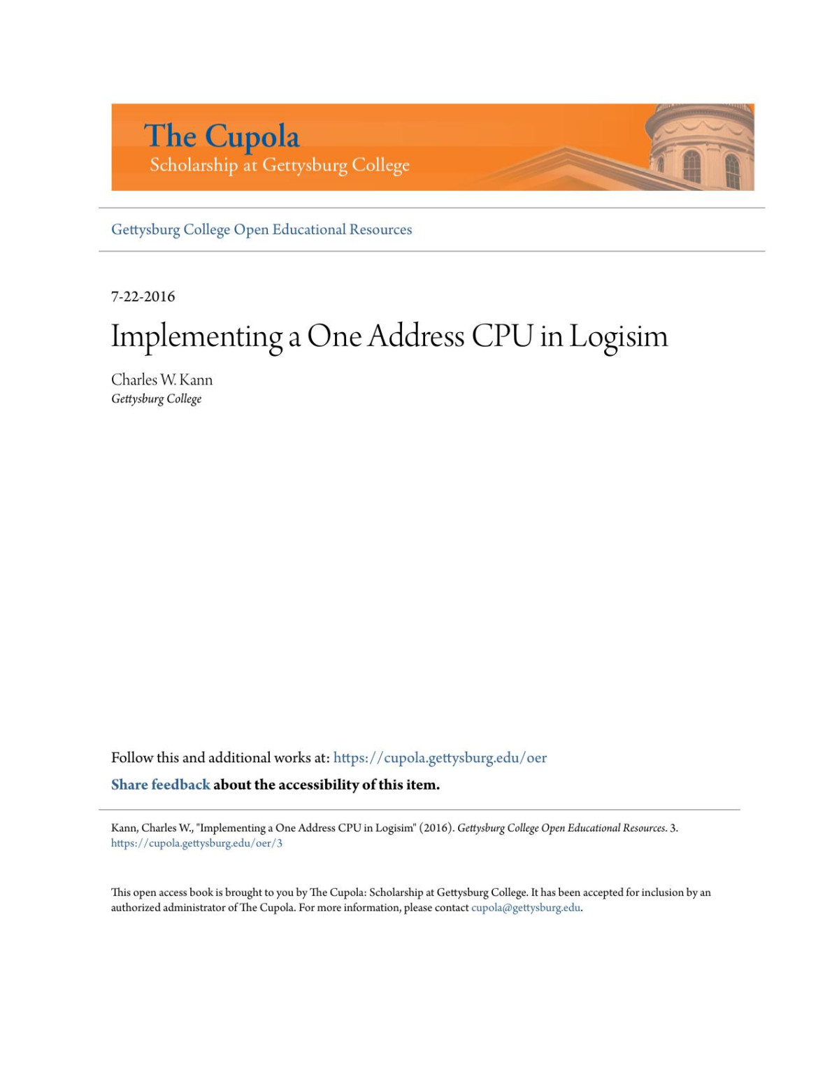 Implementing A One Address Cpu In Logisim Charles W Kann
