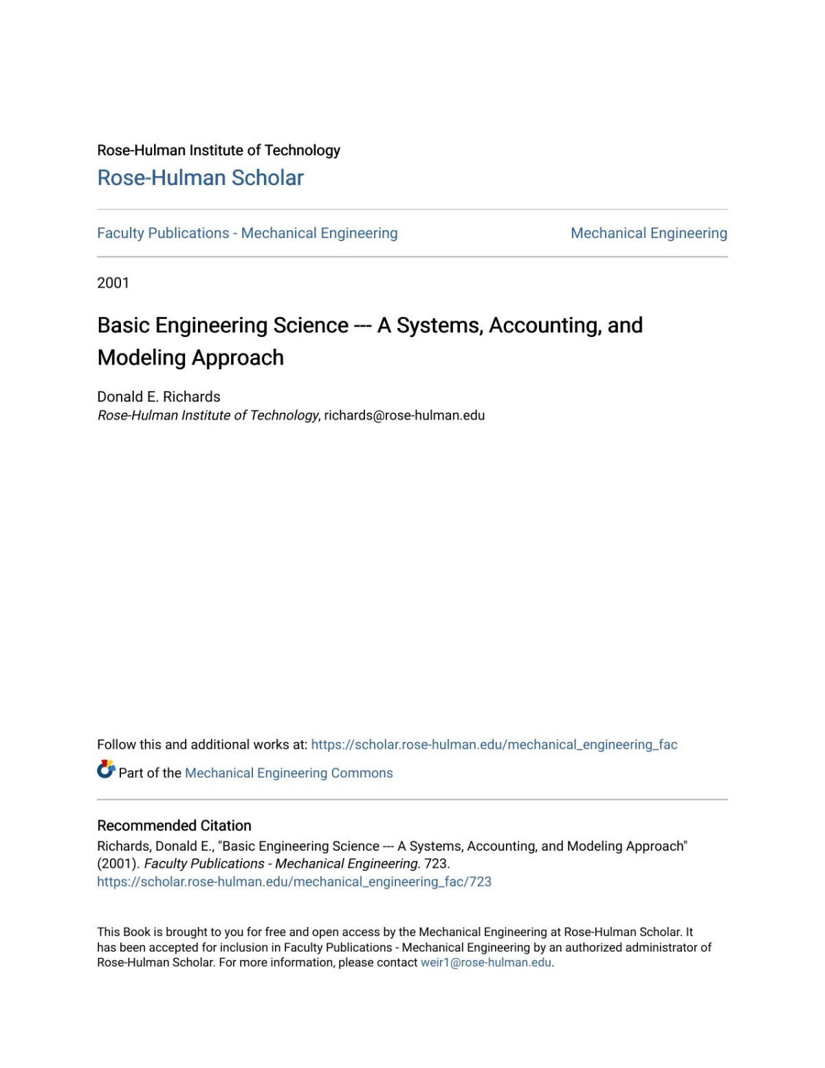 Basic Engineering Science A Systems Accounting And Modeling Approach Donald E Richards