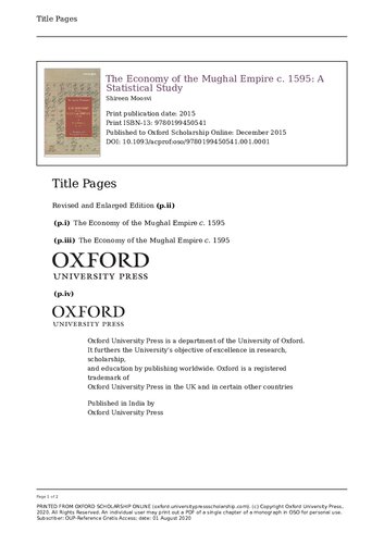 The Economy Of The Mughal Empire C 1595 A Statistical Study 2nd Edition Shireen Moosvi