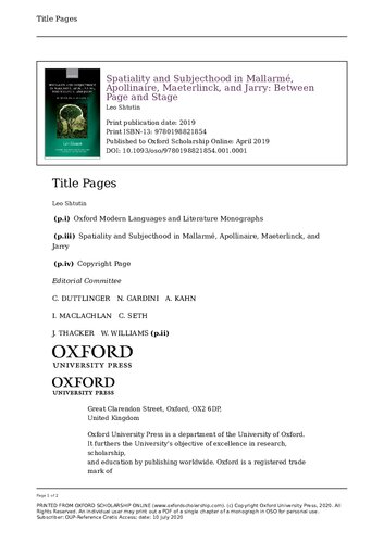 Spatiality And Subjecthood In Mallarm Apollinaire Maeterlinck And Jarry Between Page And Stage Online Leo Shtutin