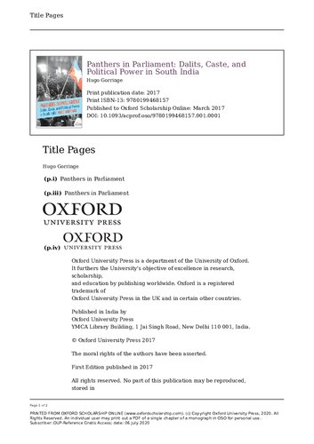 Panthers In Parliament Dalits Caste And Political Power In South India Hugo Gorringe