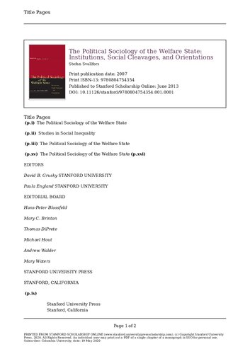 The Political Sociology Of The Welfare State Institutions Social Cleavages And Orientations 1st Edition Stefan Svallfors Editor