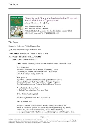 Diversity And Change In Modern India Economic Social And Political Approaches Illustrated Anthony F Heath Editor