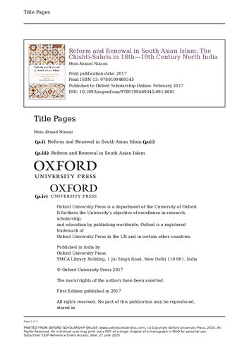Reform And Renewal In South Asian Islam The Chishtsbrs In 18th19th Century North India Illustrated Moin Ahmad Nizami