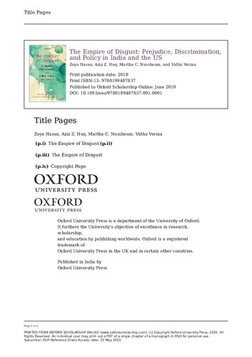The Empire Of Disgust C Prejudice Discrimination And Policy In India And The Us Huq Hasan