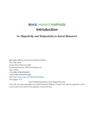 Objectivity And Subjectivity In Social Research 1st Edition Gayle Letherby
