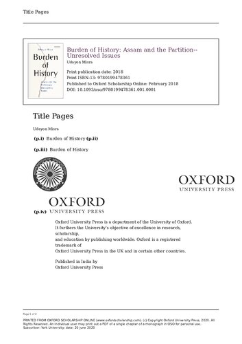 Burden Of History C Assam And The Partitionunresolved Issues Udayon Misra
