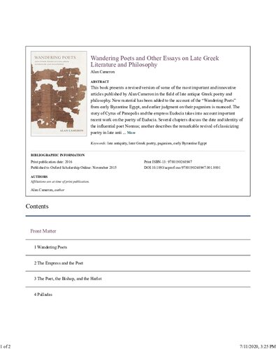 Wandering Poets And Other Essays On Late Greek Literature And Philosophy Alan Cameron