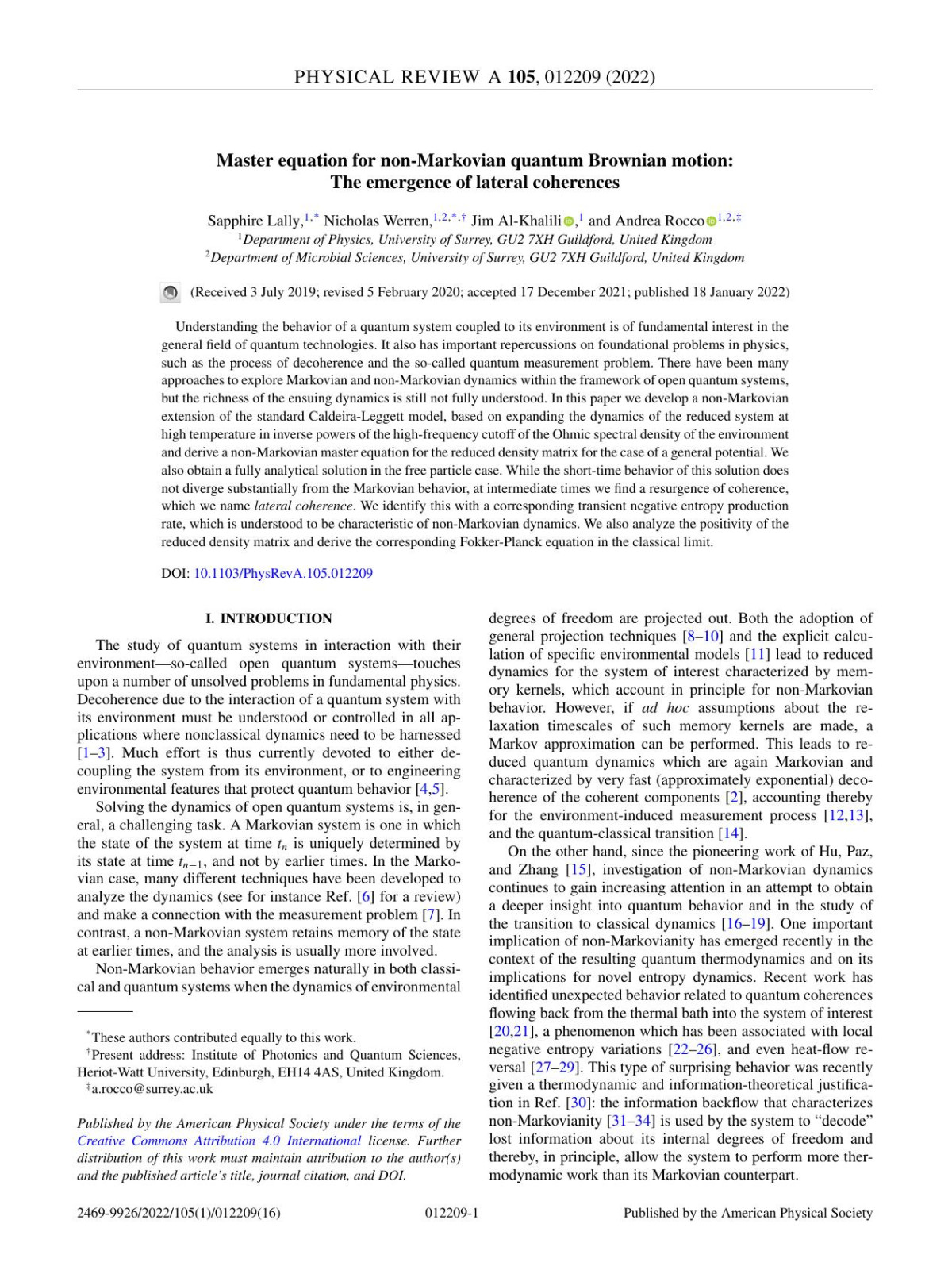 Master Equation For Nonmarkovian Quantum Brownian Motion The Emergence Of Lateral Coherences Sapphire Lally Nicholas Werren Jim Alkhalili Andrea Rocco