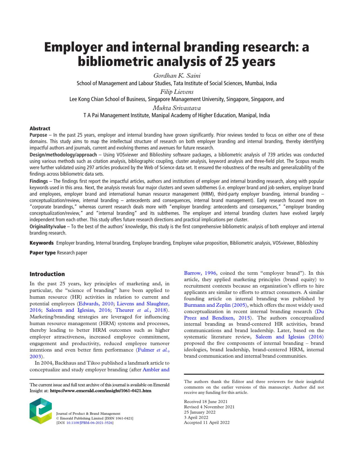 Employer And Internal Branding Research A Bibliometric Analysis Of 25 Years Gordhan K Sain