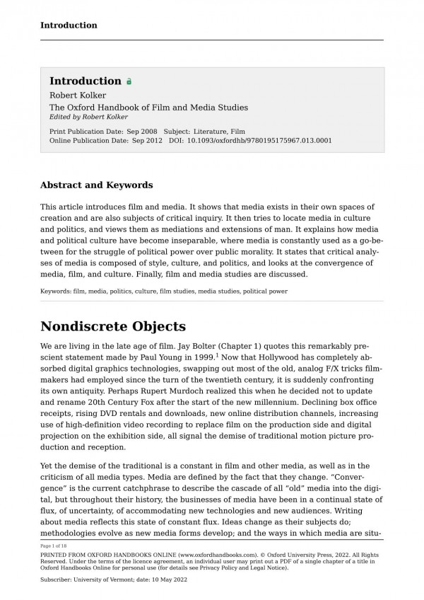 The Oxford Handbook Of Film And Media Studies Oxford Handbooks Series Robert P Kolker Editor