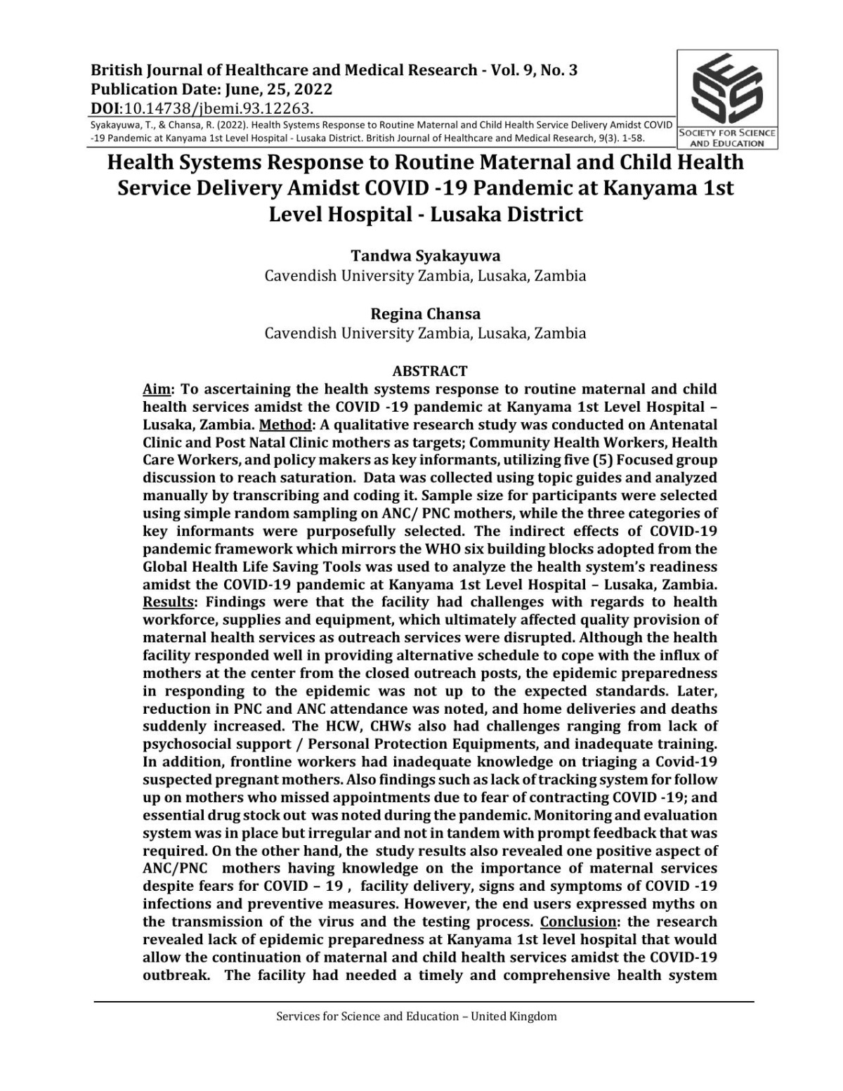 Health Systems Response To Routine Maternal And Child Health Service Delivery Amidst Covid 19 Pandemic At Kanyama 1st Level Hospital Lusaka District 3rd Edition Tandwa Syakayuwa And Regina Chansa Cavendish University