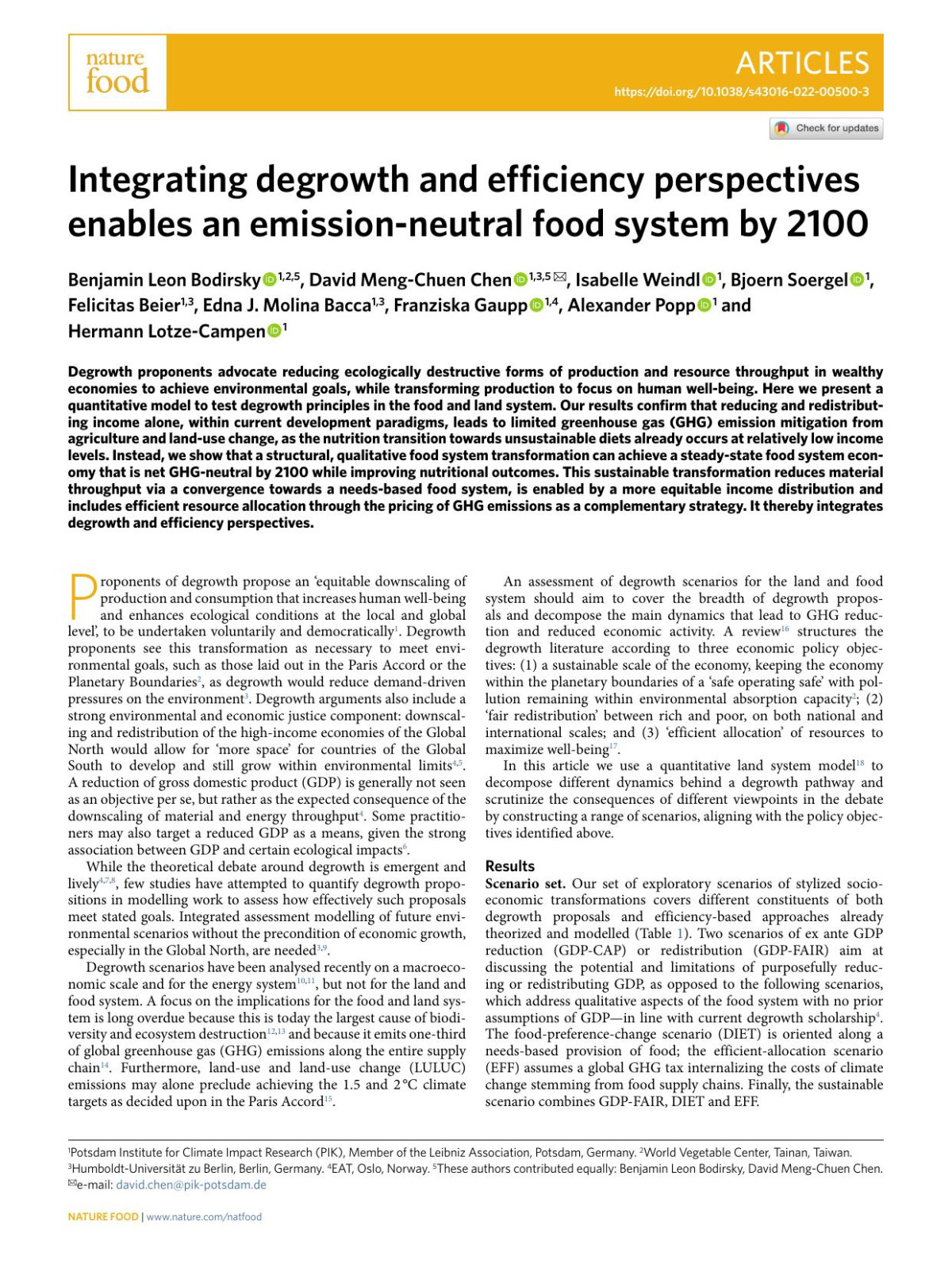 Integrating Degrowth And Efficiency Perspectives Enables An Emissionneutral Food System By 2100 Benjamin Leon Bodirsky David Mengchuen Chen Isabelle Weindl Bjoern Soergel Felicitas Beier Edna J Molina Bacca Franziska Gaupp Alexander Popp Hermann Lotzecampen
