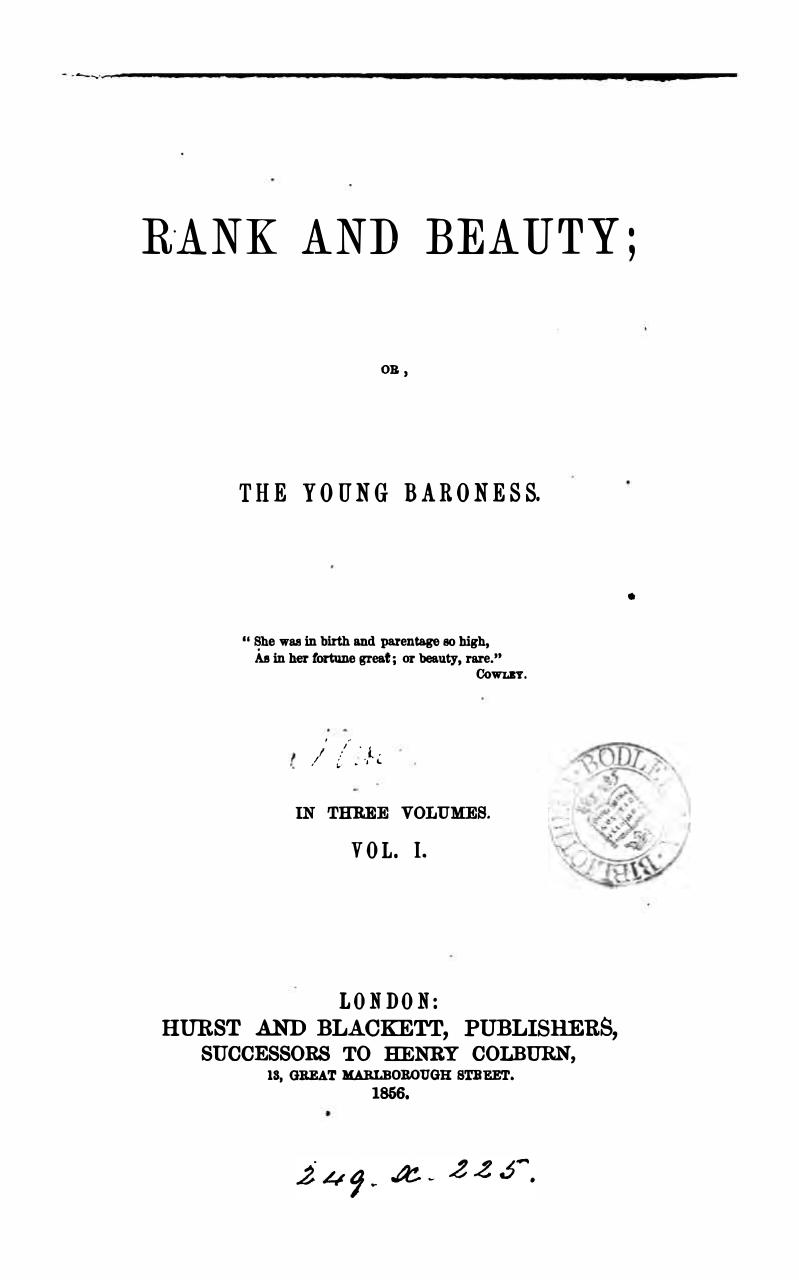 Rank And Beauty Or The Young Baroness Anonymous
