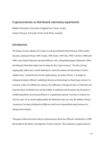 Cryptocurrencies As Distributed Community Experiments Tarasiewicz