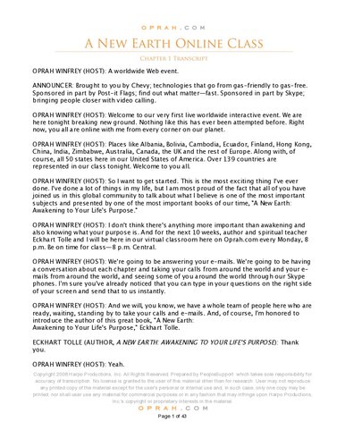 Podcast Transcript Of A New Earth Eckhart Tolle Oprah Winfrey March 2008 10week A New Earth Online Class Podcast Transcript Of Eckhart Tolle Oprah Winfrey Attended By Over 1 Million People Worldwide Eckhart Tolle