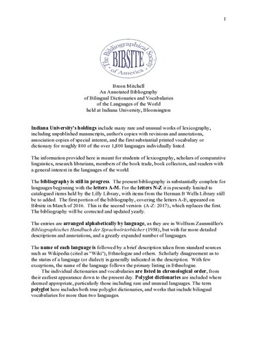 An Annotated Bibliography Of Bilingual Dictionaries And Vocabularies Of The Languages Of The World Held At Indiana University Bloomington Breon Mitchell