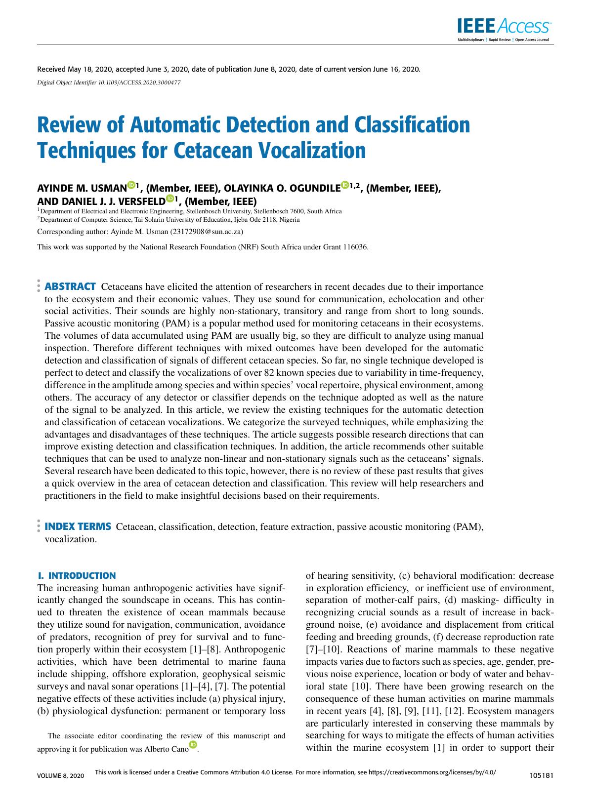Review Of Automatic Detection And Classification Techniques For Cetacean Vocalization Ayide Mohammed Usman