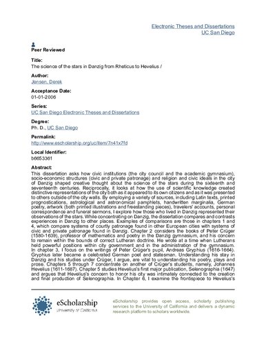 The Science Of The Stars In Danzig From Rheticus To Hevelius Derek Jensen