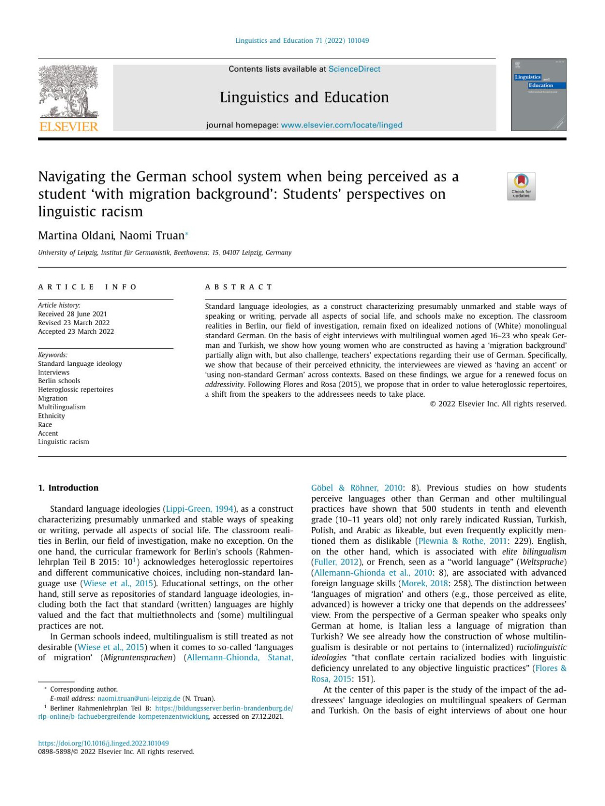 Navigating The German School System When Being Perceived As A Student With Migration Background Students Perspectives On Linguistic Racism Martina Oldani Naomi Truan