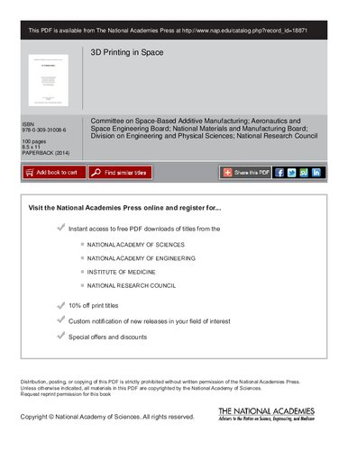 3d Printing In Space Committee On Spacebased Additive Manufacturing Aeronautics And Space Engineering Board National Materials And Manufacturing Board Division On Engineering And Physical Sciences National Research Council