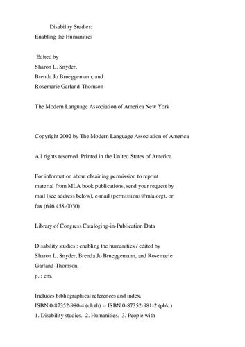 Disability Studies Enabling The Humanities Sharon L Snyder Editor