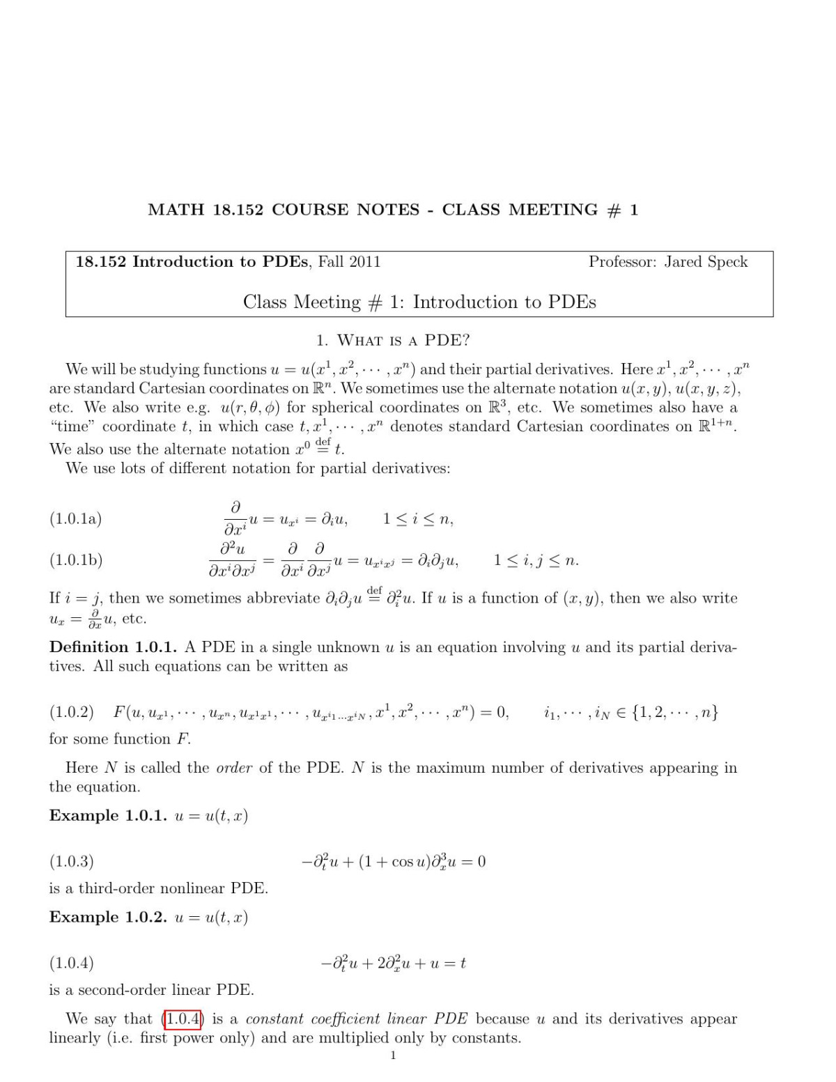 Introduction To Partial Differential Equations Mit 18152 Course Notes Jared Speck