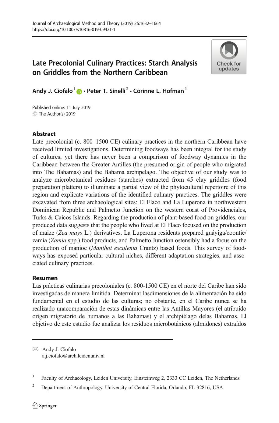 Late Precolonial Culinary Practices Starch Analysis On Griddles From The Northern Caribbean Andy J Ciofalo Peter T Sinelli Corinne L Hofman