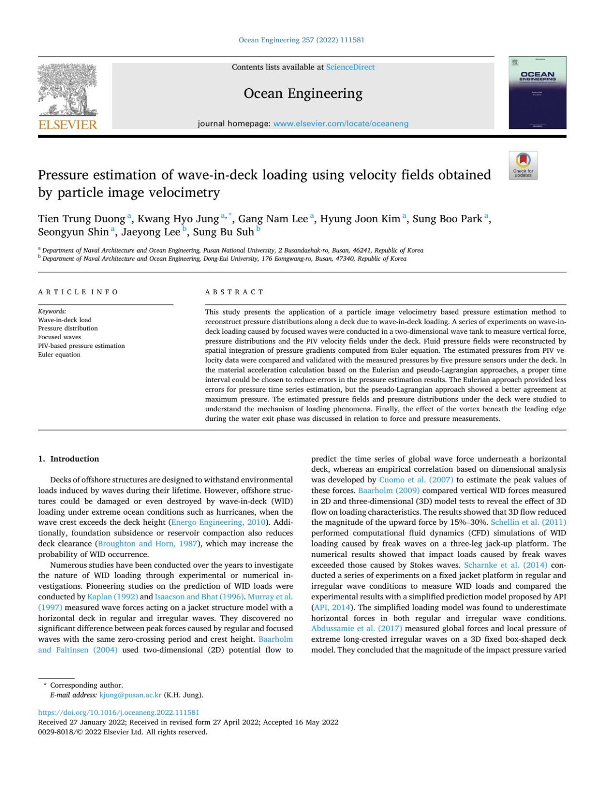 Pressure Estimation Of Waveindeck Loading Using Velocity Fields Obtained By Particle Image Velocimetry Tien Trung Duong