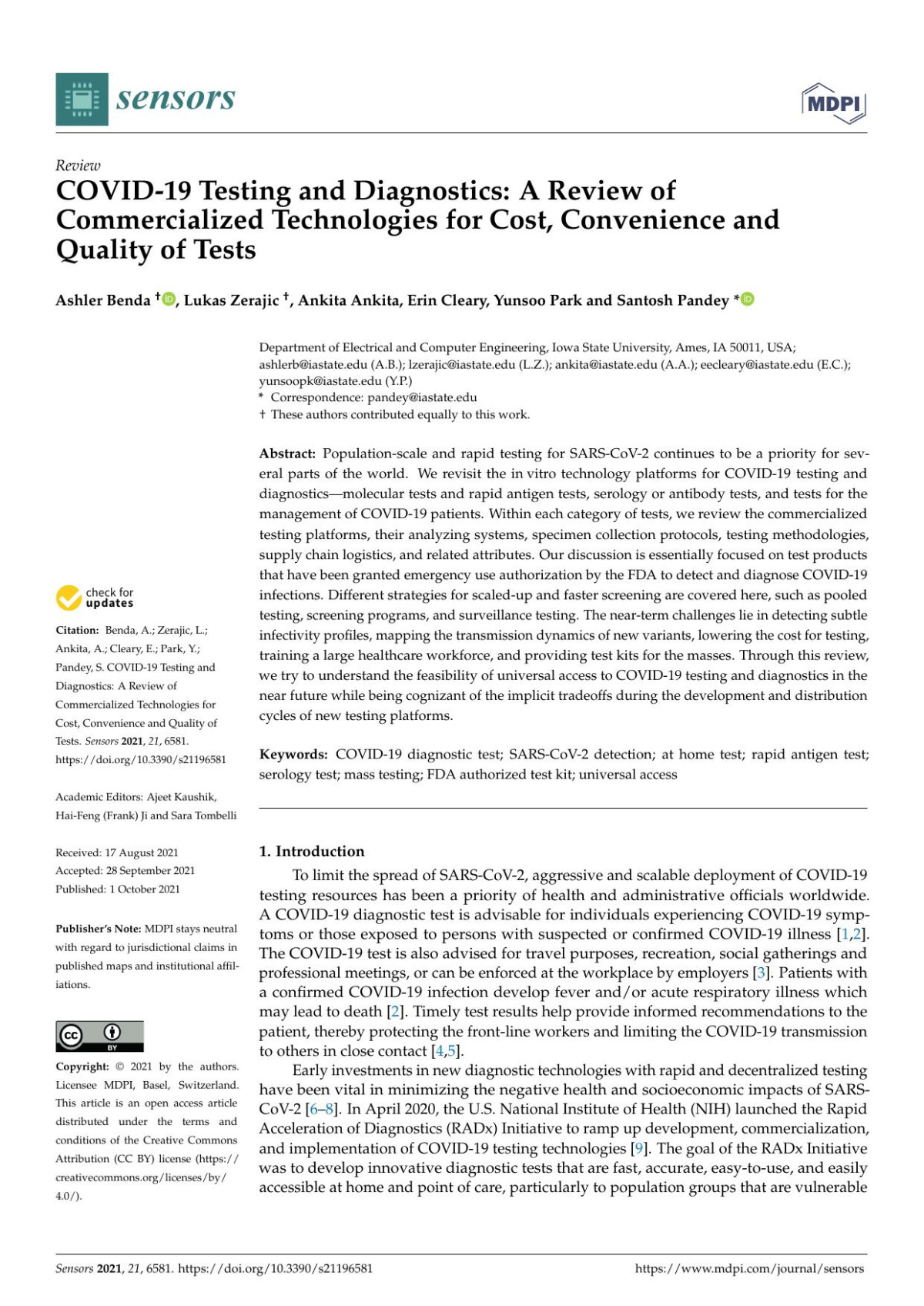 Covid19 Testing And Diagnostics A Review Of Commercialized Technologies For Cost Convenience And Quality Of Tests Ashler Benda