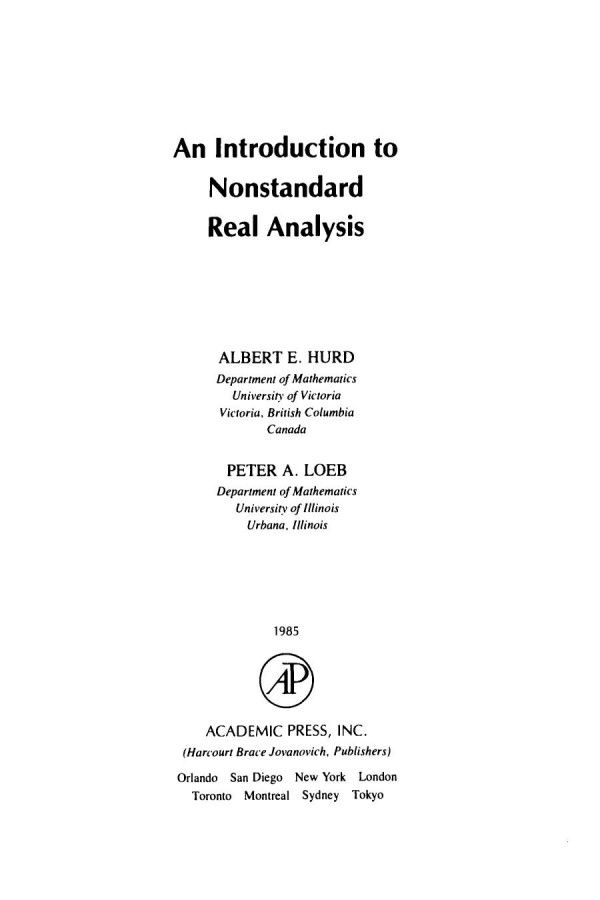 An Introduction To Nonstandard Real Analysis Albert E Hurd Peter A Loeb
