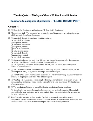 The Analysis Of Biological Data Solutions Manual First Michael C Whitlock