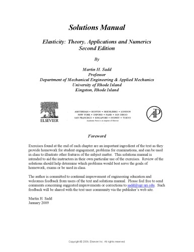 Elasticity Theory Applications And Numerics Second Edition Solutions Manual Martin H Sadd