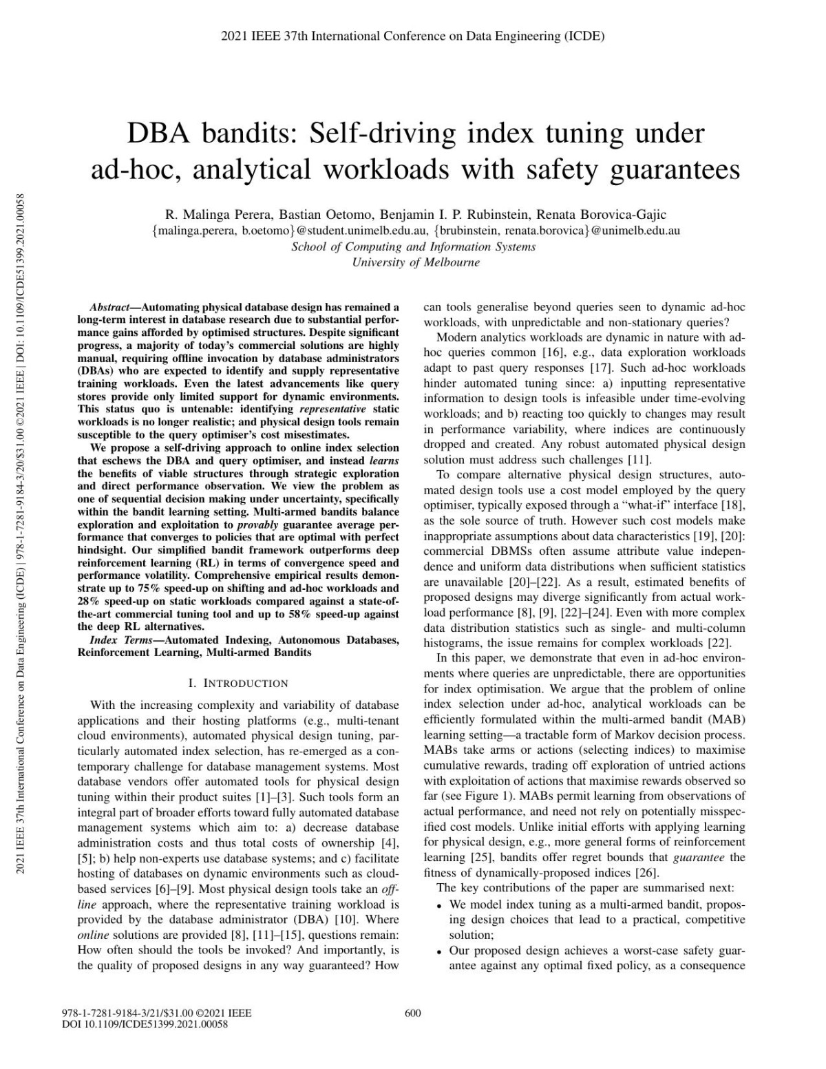 Dba Bandits Selfdriving Index Tuning Under Adhoc Analytical Workloads With Safety Guarantees R Malinga Perera Bastian Oetomo Benjamin I P Rubinstein Renata Borovicagajic