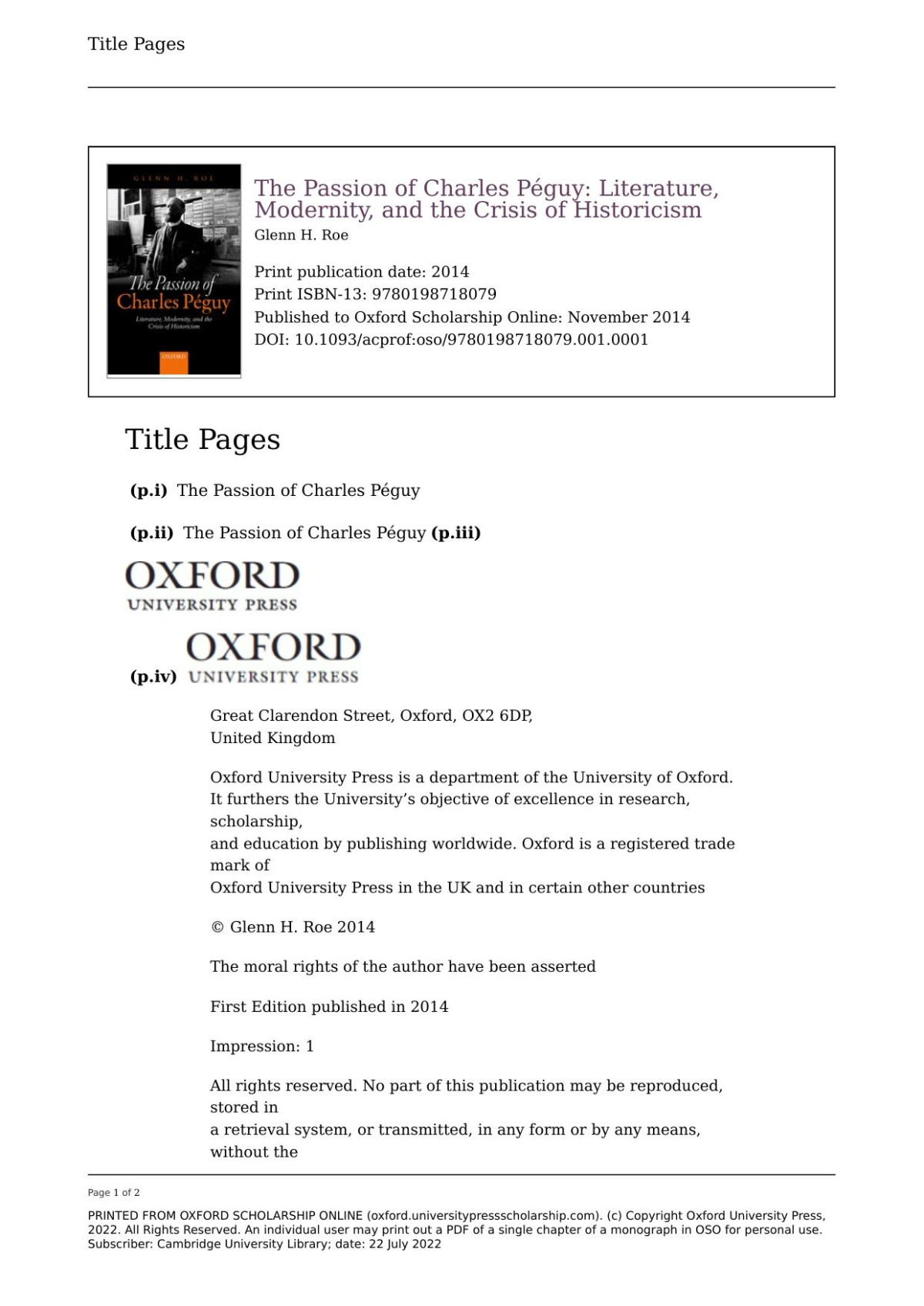The Passion Of Charles Pguy Literature Modernity And The Crisis Of Historicism Glenn H Roe