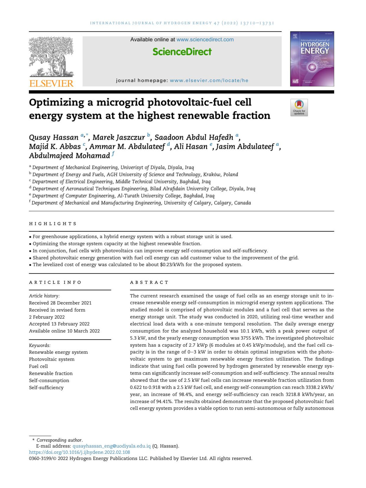 Optimizing A Microgrid Photovoltaicfuel Cell Energy System At The Highest Renewable Fraction Qusay Hassan Marek Jaszczur Saadoon Abdul Hafedh Majid K Abbas Ammar M Abdulateef Ali Hasan Jasim Abdulateef Abdulmajeed Mohamad